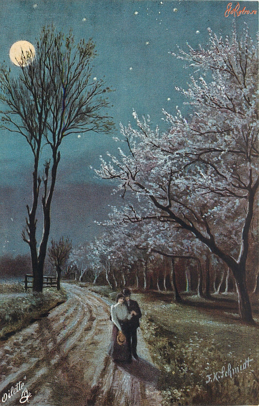 Картины - Прогулка в цветущем саду в лунном свете