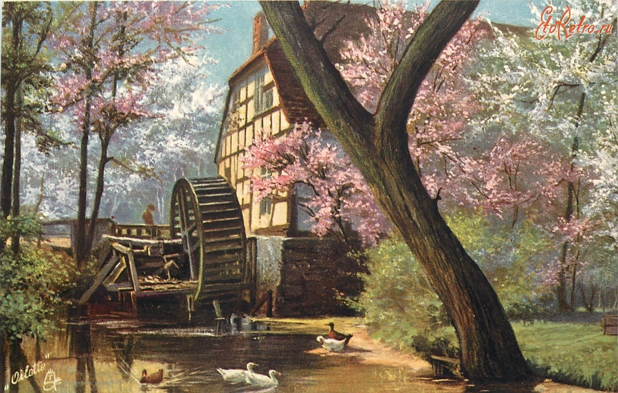 Картины - Пруд с утками, усадьба и цветущий сад