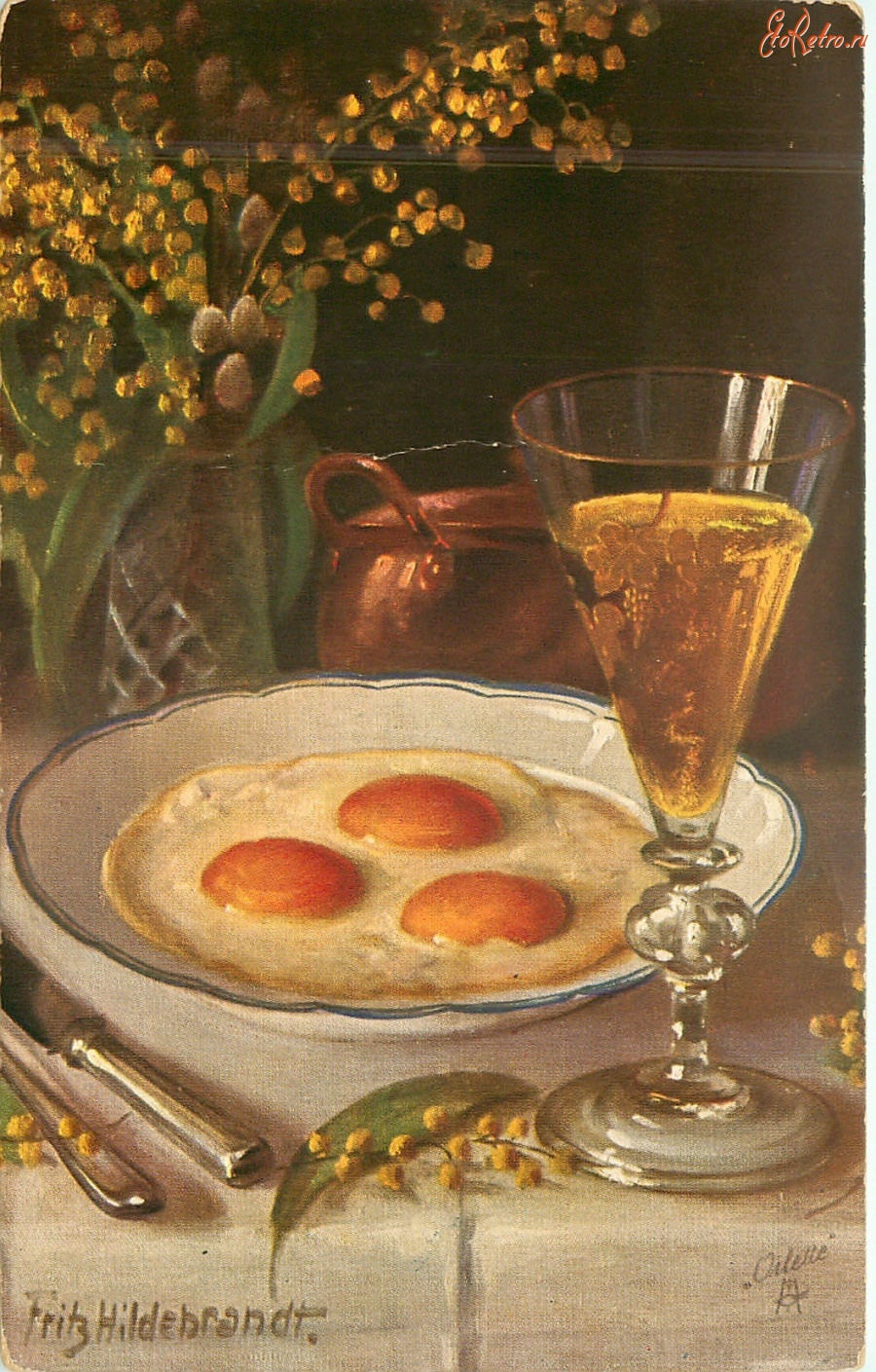 Картины - Натюрморт с яичницей, бокалом и мимозой в вазе