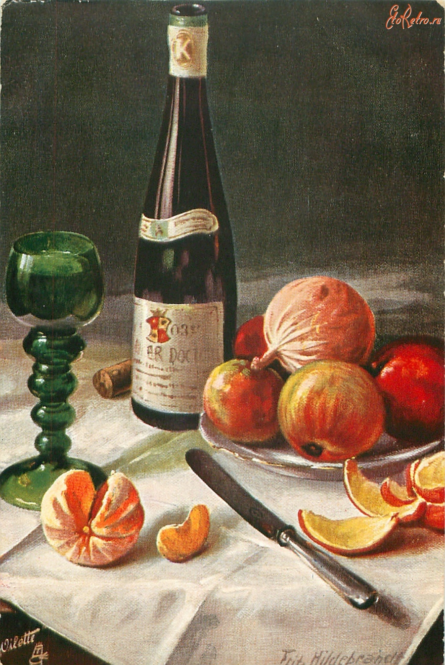 Картины - Натюрморт с зелёным бокалом, апельсином и яблоками