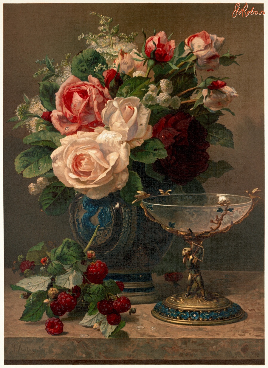 Картины - Жан Батист Роби. Букет роз в вазе, ветка малины и драгоценный кубок