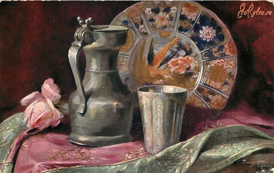 Картины - Серебряный кувшин, кубок, фарфоровая тарелка и роза