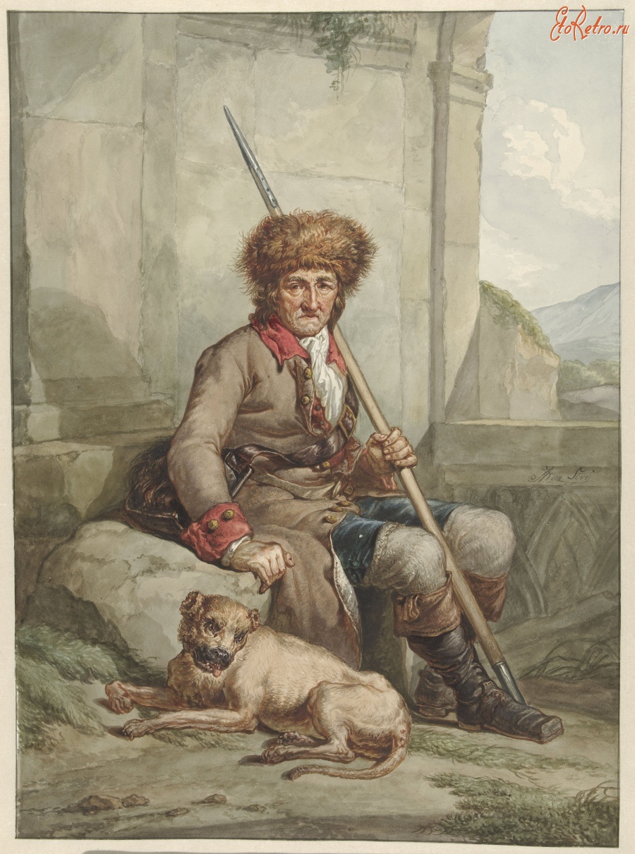 Картины - Охотник в меховой шапке на фоне горного пейзажа