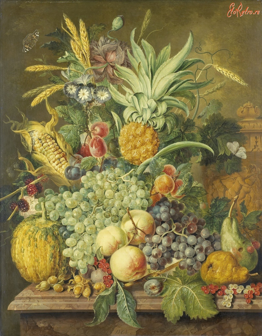 Картины - Натюрморт с цветами, фруктами и овощами