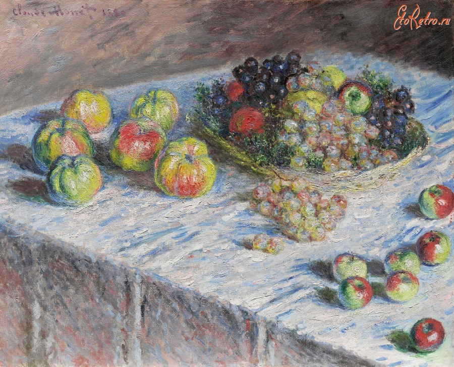 Картины - Корзина с фруктами на белой скатерти