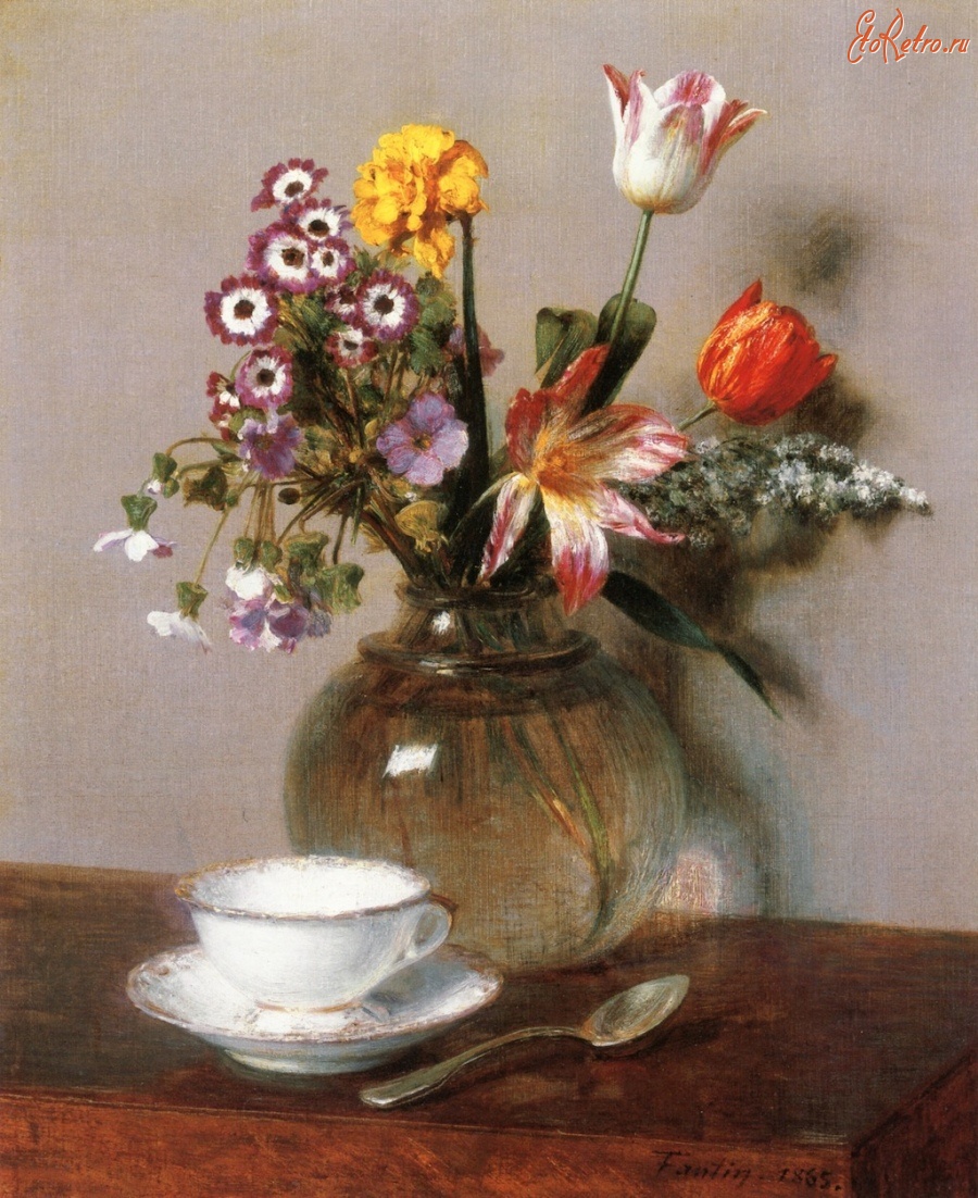 Картины - Цветы в круглой вазе и кофейная чашка