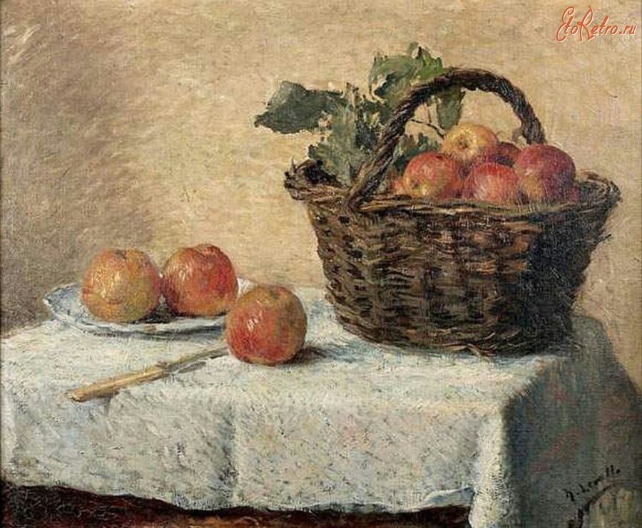Картины - Генри Лероль. Натюрморт с корзиной яблок и фруктами на столе
