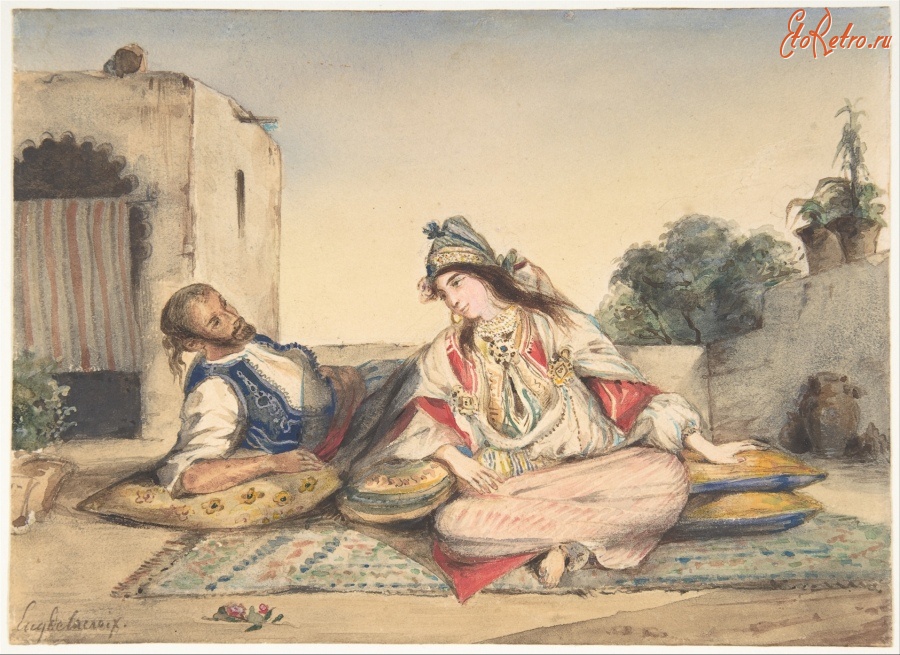 Картины - Эжен Делакруа. Марокканская пара на своей террасе