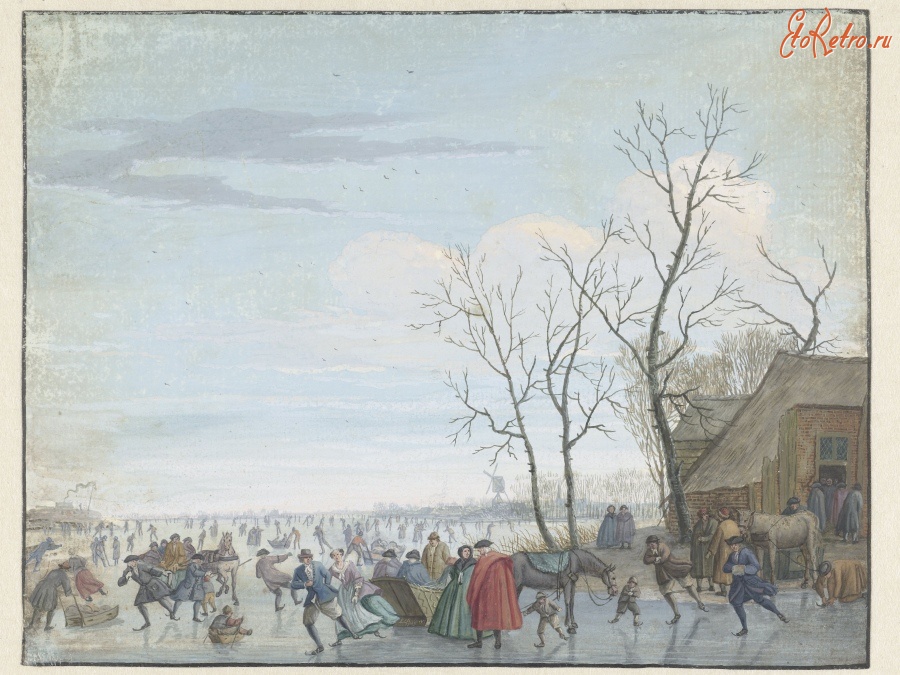 Картины - Зимний пейзаж и катание на коньках вдоль канала