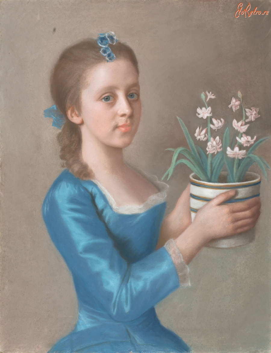 Картины - Девушка в голубом платье и гиацинты