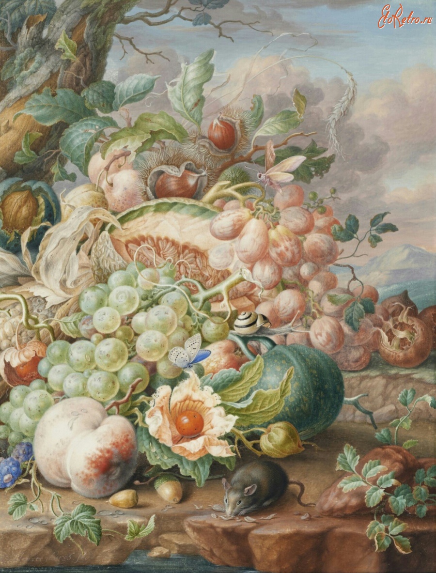 Картины - Натюрморт с фруктами и мышью
