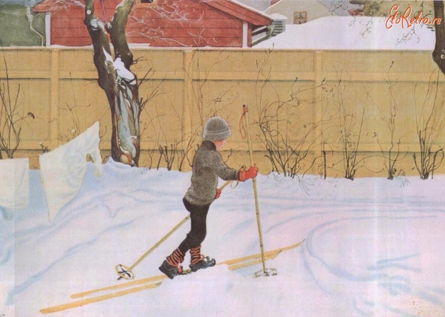 Картины - Картина.  Катання на лижах.  Акварель. Карл Ларссон.