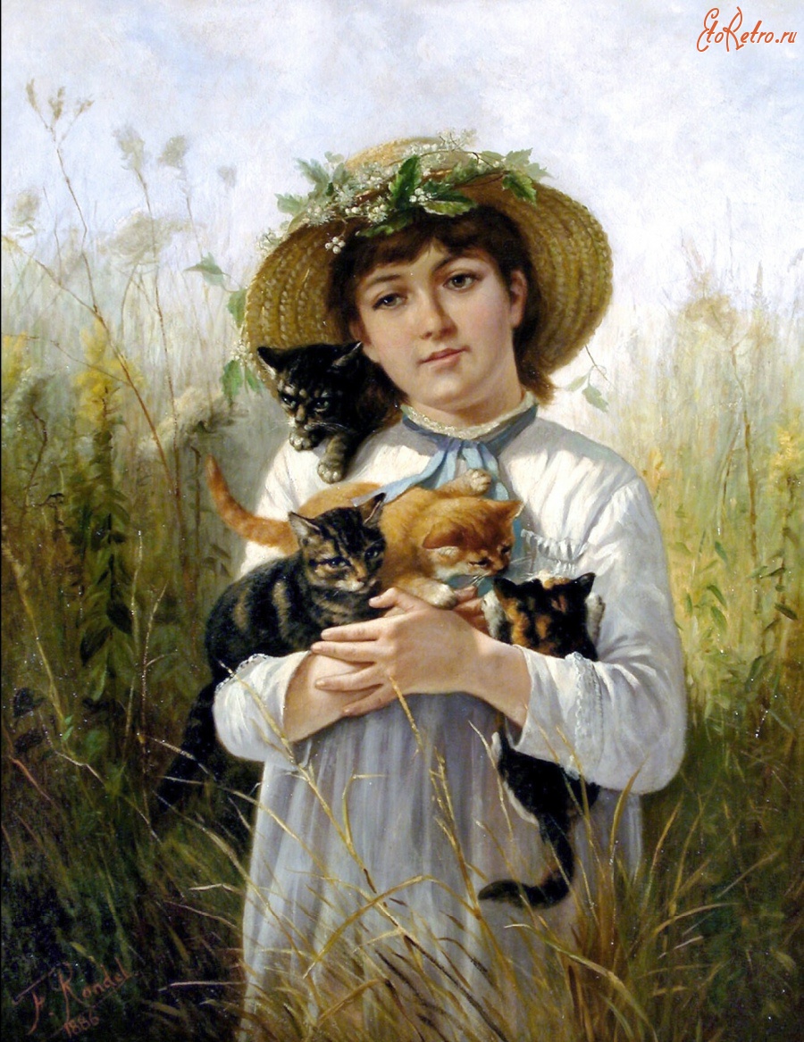 Картины - Девочка в соломенной шляпе и котята