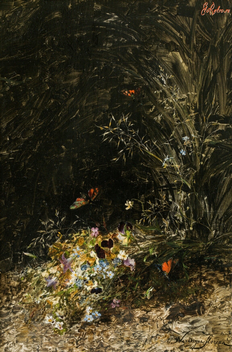 Картины - Букет луговых цветов и трав на лесной поляне