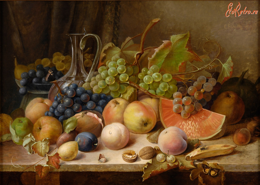 Картины - Готфрид Шульц, Натюрморт с персиками и виноградом