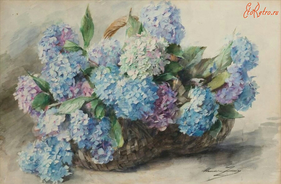 Картины - Мадлен Лемер, Букет голубой гортензии в корзине