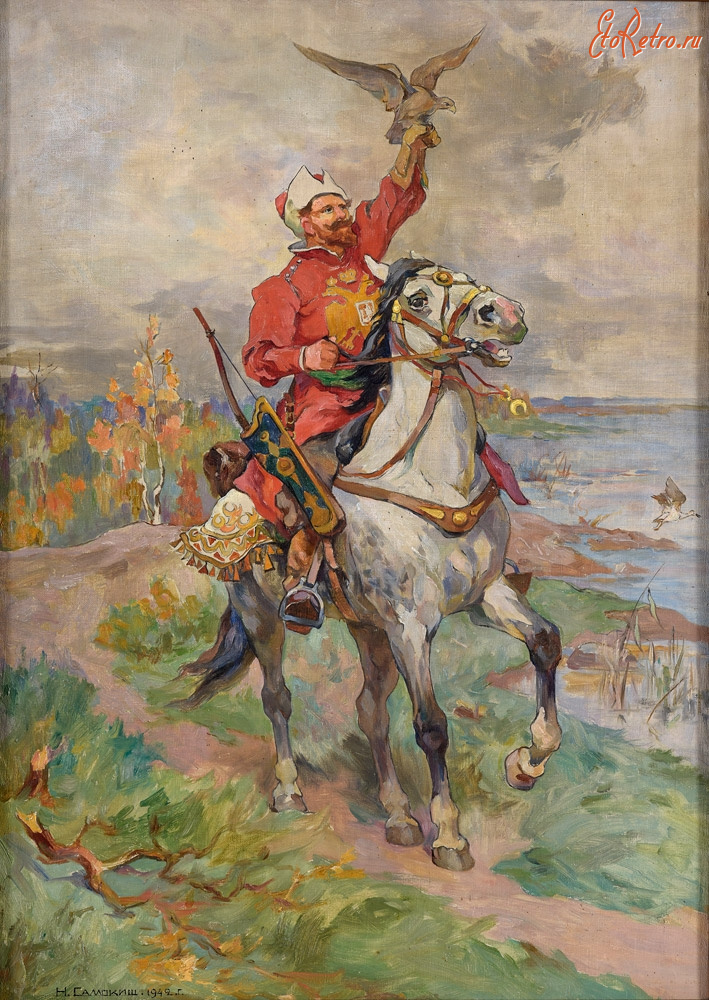 Картины - Николай Самокиш, Сокольничий на лошади