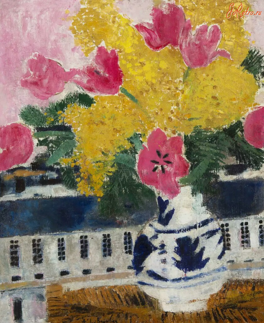 Картины - Андре Бразильер, Букет тюльпанов и мимозы в вазе