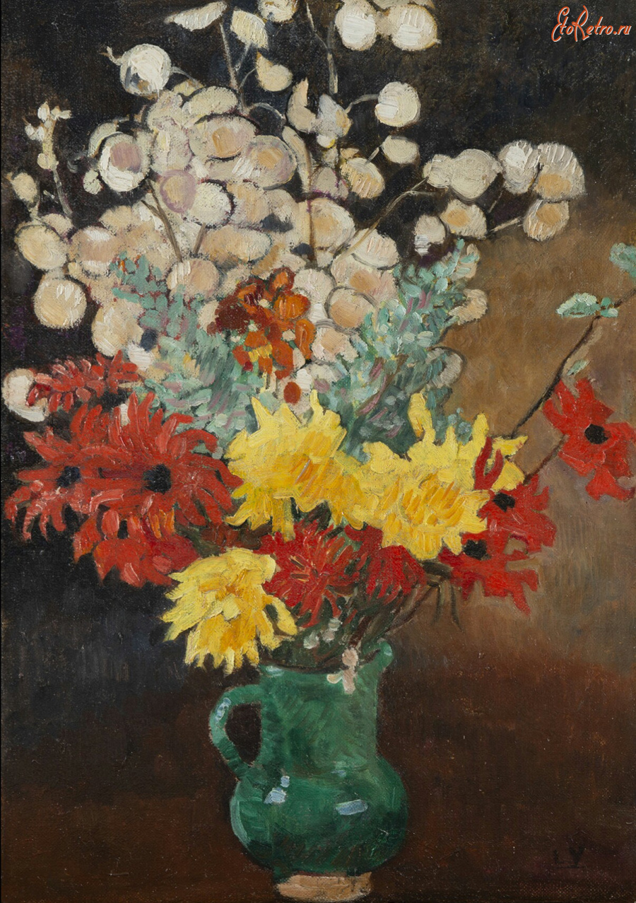 Картины - Луи Вальтат, Георгины и сухие цветы в вазе