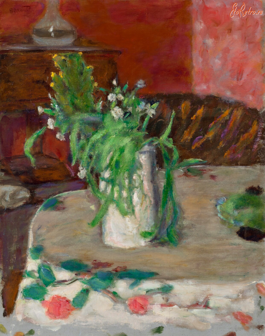 Картины - Пьер Боннар, Садовые цветы и графин на столике
