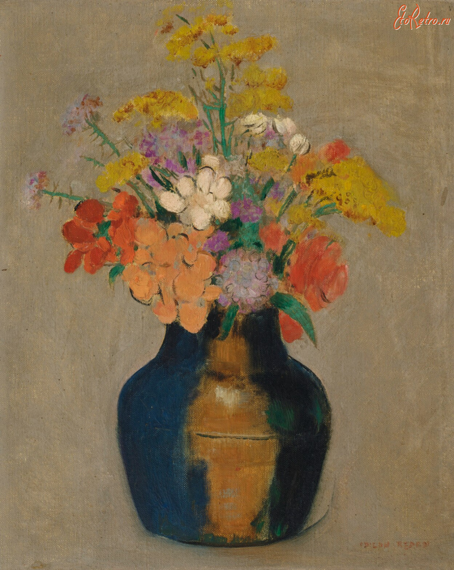 Картины - Одилон Редон, Оранжевые и жёлтые цветы в вазе