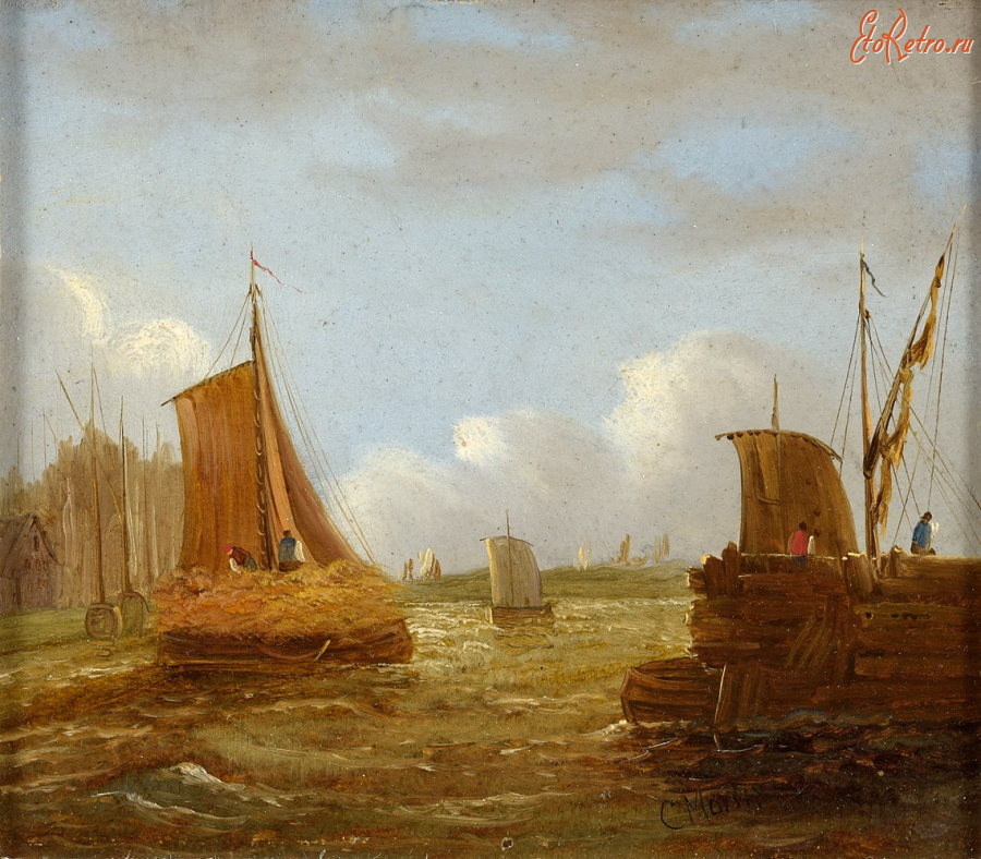 Картины - Неизвестный художник, Лодки у берега