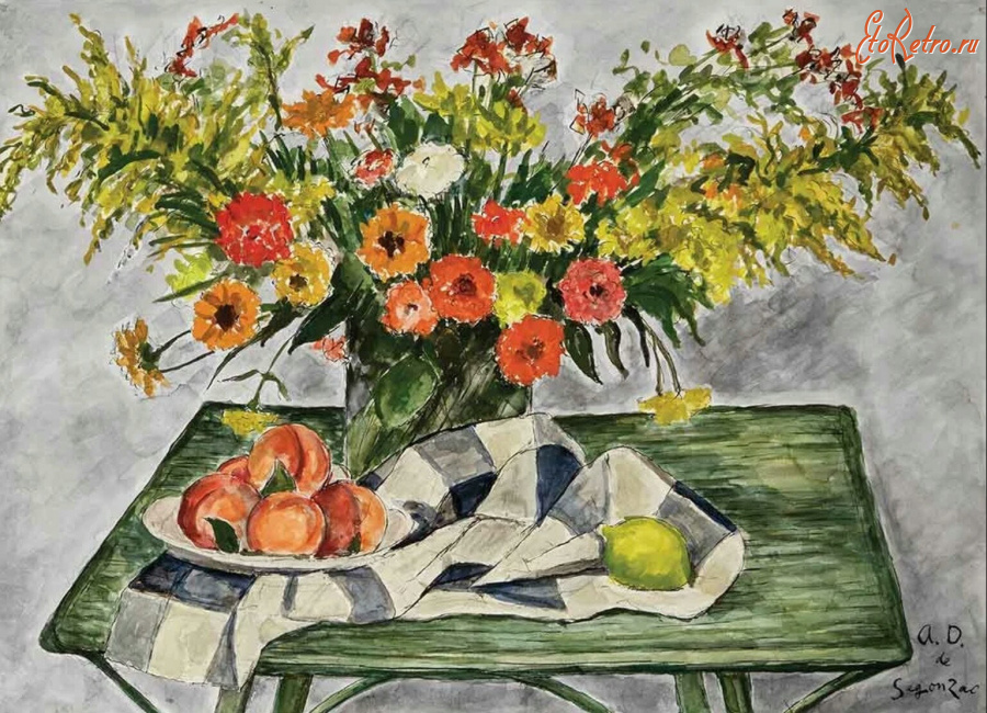 Картины - Андре Дюнуа де Сегонзак, Персики и цинии на зелёном столике