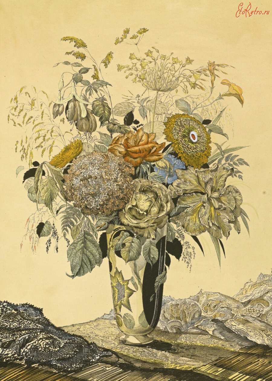 Картины - Сергей Чехонин, Букет цветов в узорчатой вазе