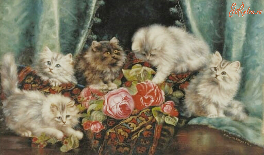 Картины - Августа Талбойс, Котята, розы и персидский ковёр