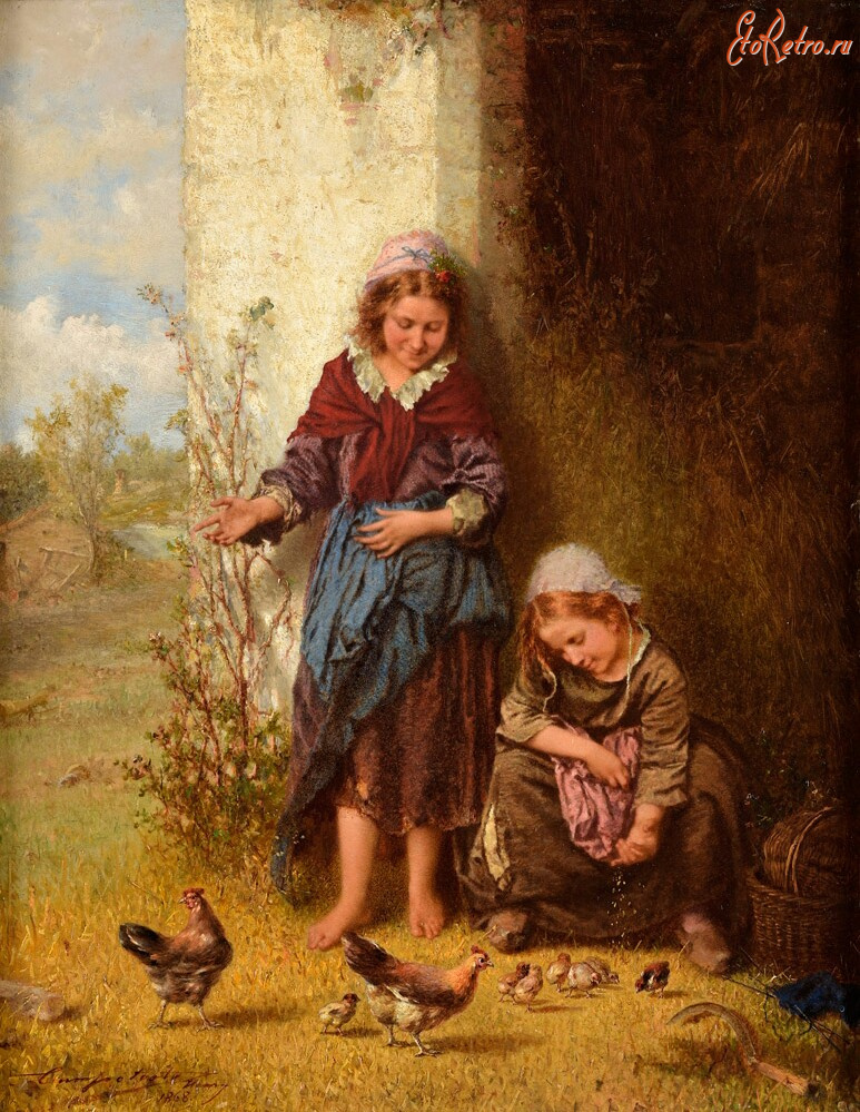 Картины - Генри Джозеф Компотосто, Девочки и куры с цыплятами