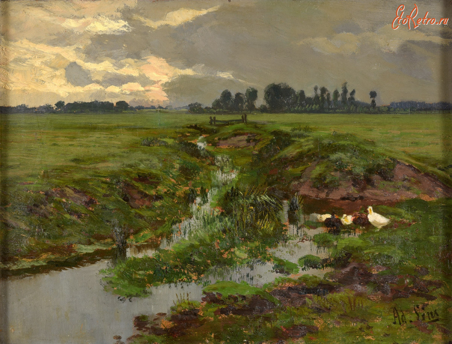 Картины - Адольф Линс, Деревенский пейзаж с ручьём