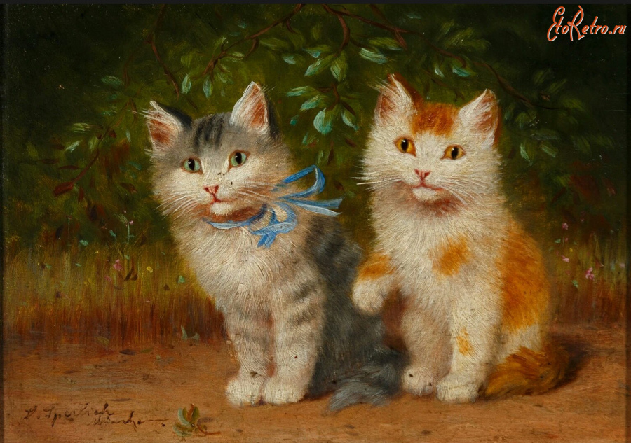Картины - Софи Сперлих, Два котёнка на фоне куста