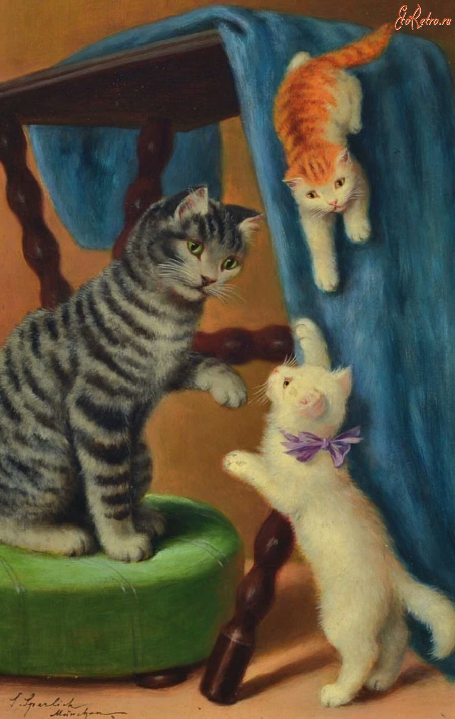 Картины - Софи Сперлих, Кошка с котятами и голубая скатерть