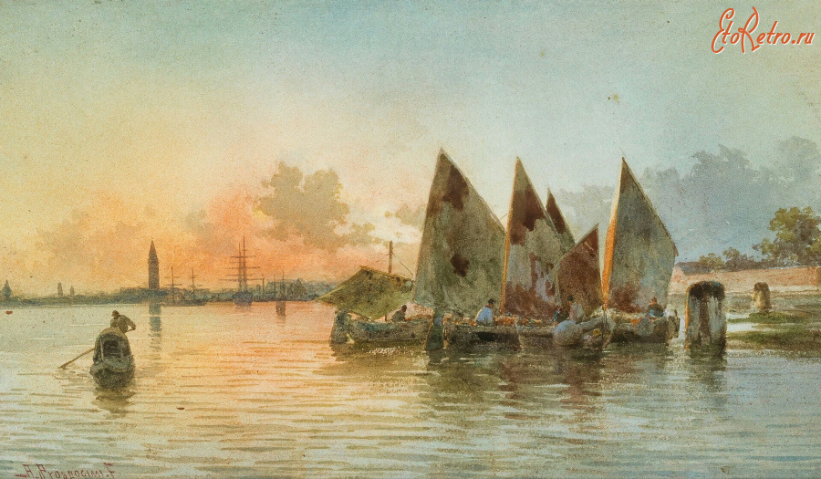 Картины - Альберто Просдочими. Лодки у берегов Венеции