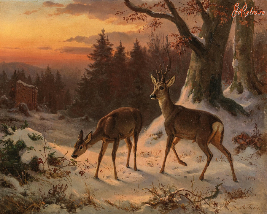 Картины - Артур Тиле. Косули в зимнем лесу
