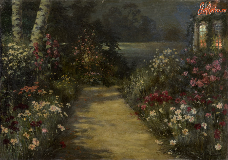 Картины - Ганс Отто Рюгер. Вечерний пейзаж с цветущим садом