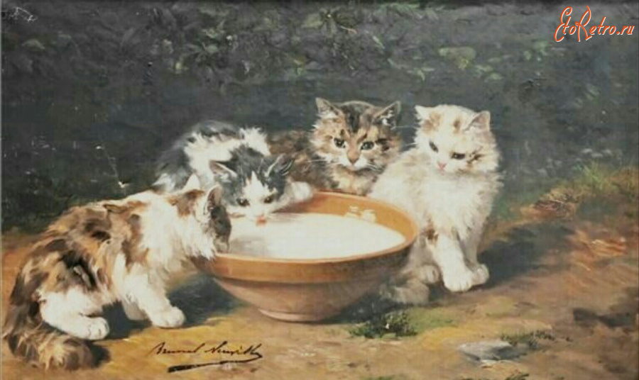 Картины - Альфред Брунель де Невиль. Котята и миска молока