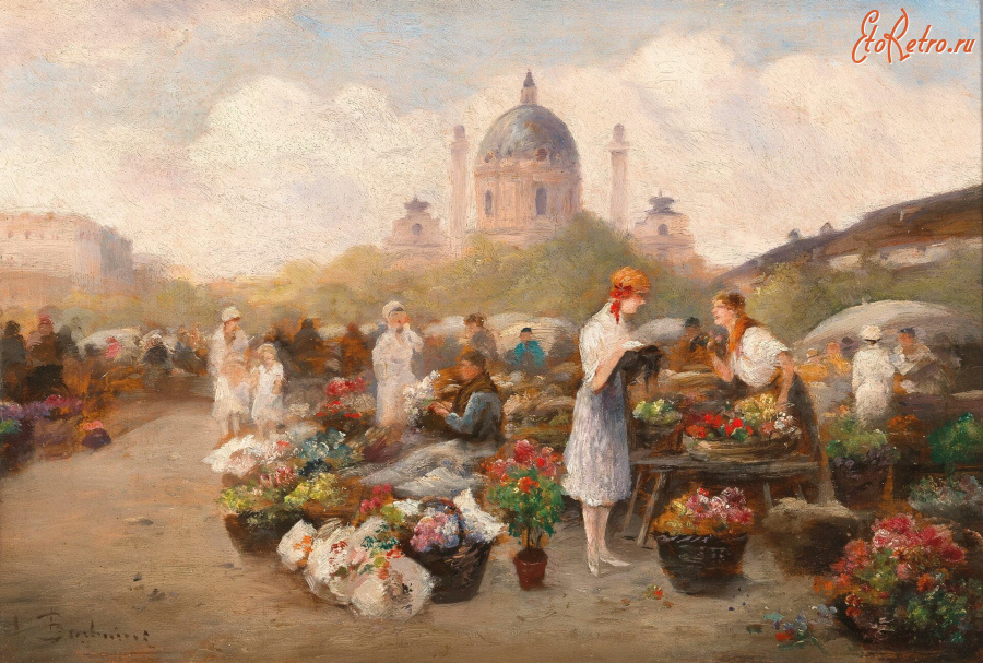 Картины - Эмиль Барбарини. Цветочный рынок в Вене