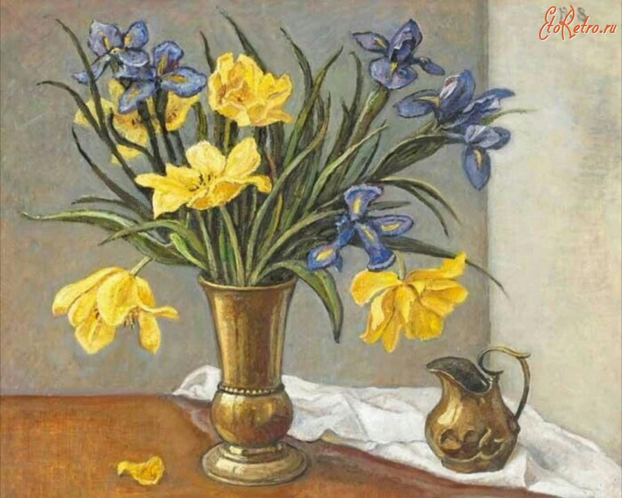 Картины - Хильда ван Стокум. Ирисы и тюльпаны в медной вазе