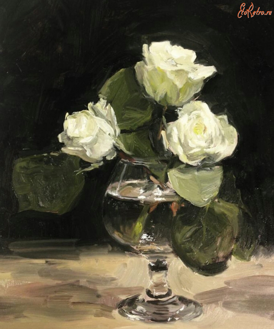 Картины - Рэйчел Персонет. Белые розы в бокале