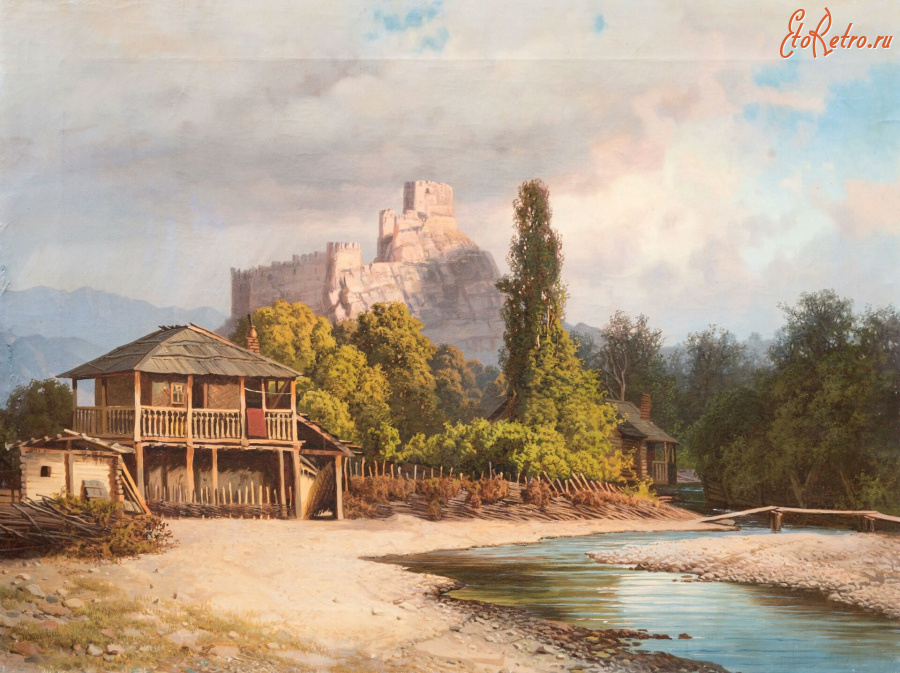 Картины - Илья Занковский. Горная деревня и старый замок на холме