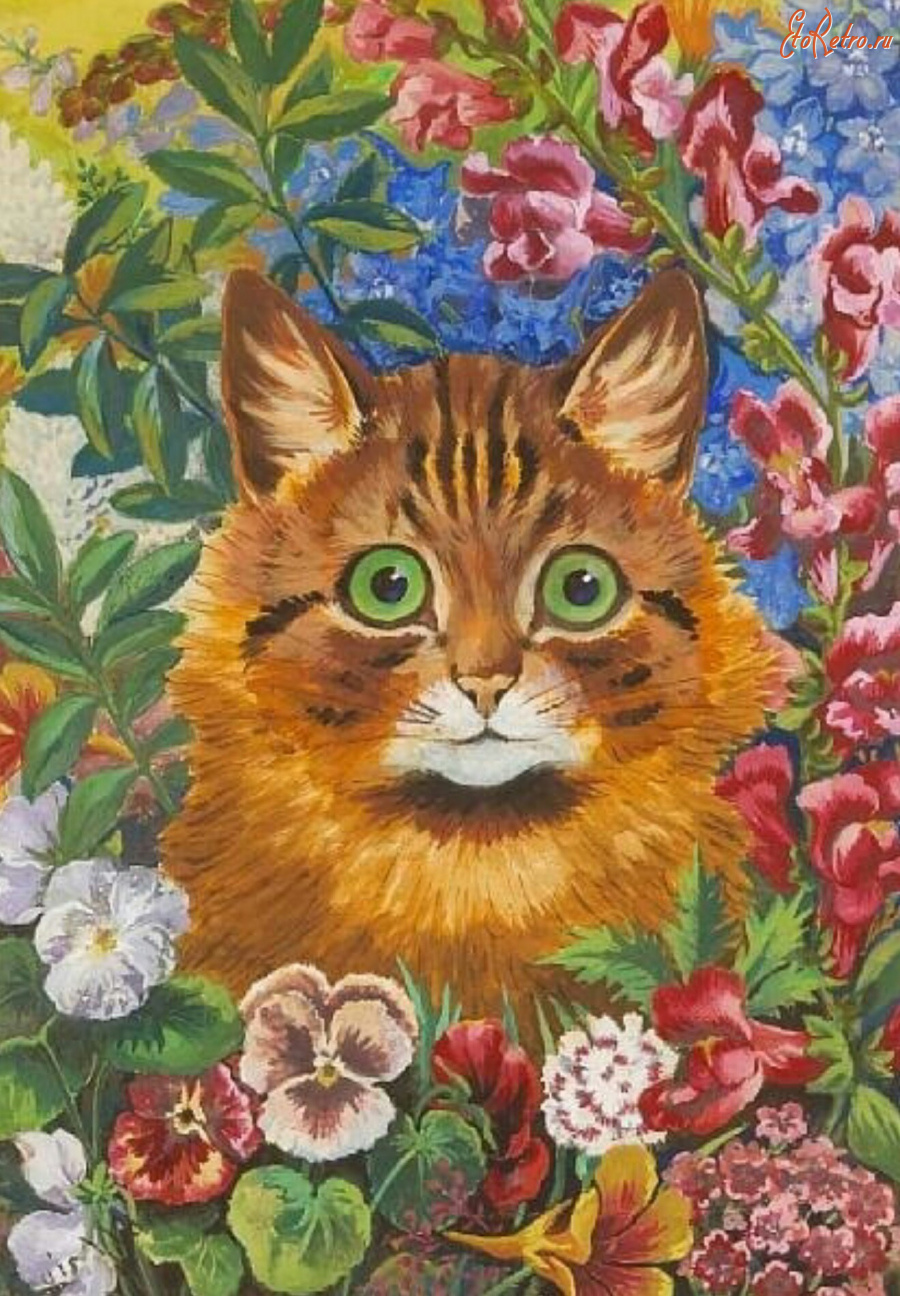 Картины - Луи Уэйн. Рыжая кошка среди цветов