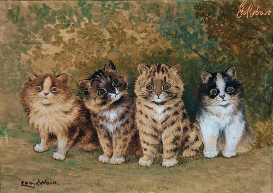 Картины - Луи Уэйн. Четыре котёнка в саду