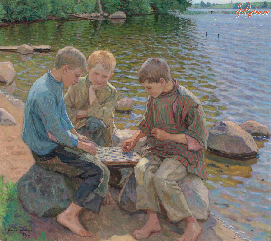 Картины - Николай Богданов-Бельский. На берегу озера. Игра в шашки