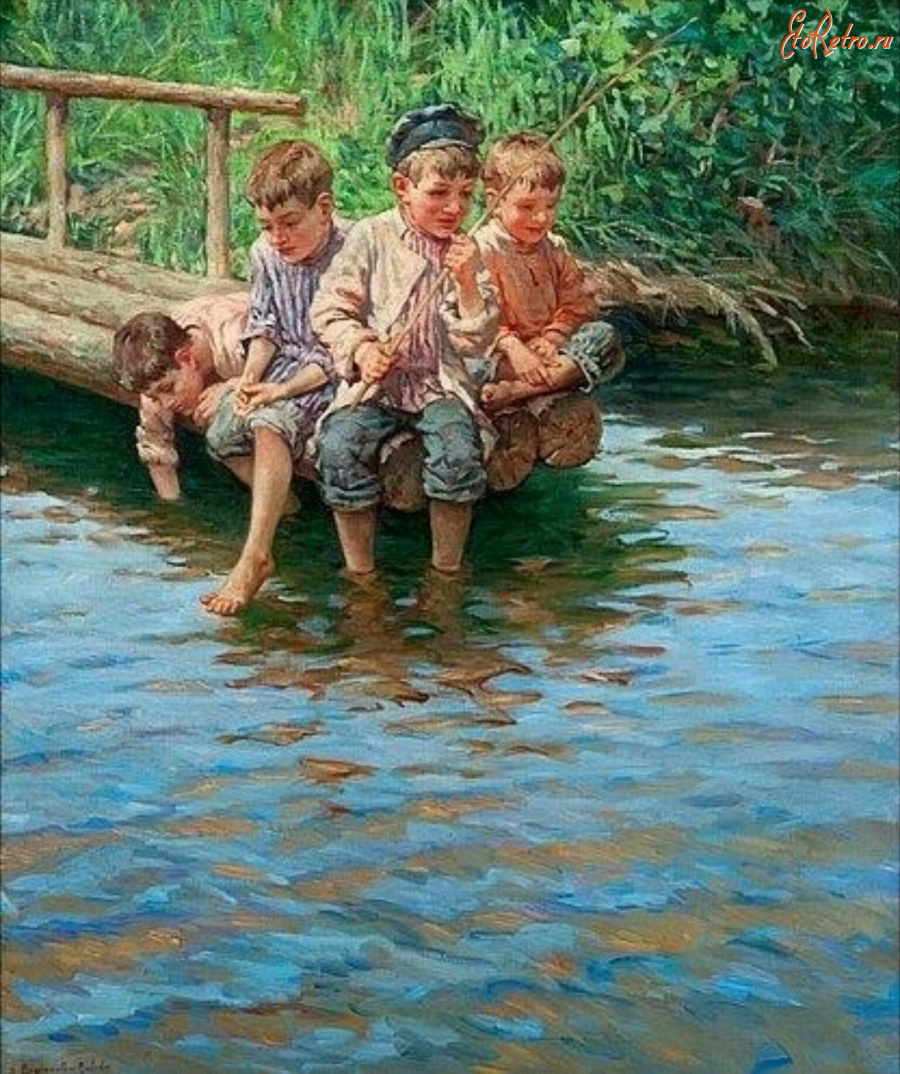 Картины - Николай Богданов-Бельский. Крестьянские дети. Юные рыболовы