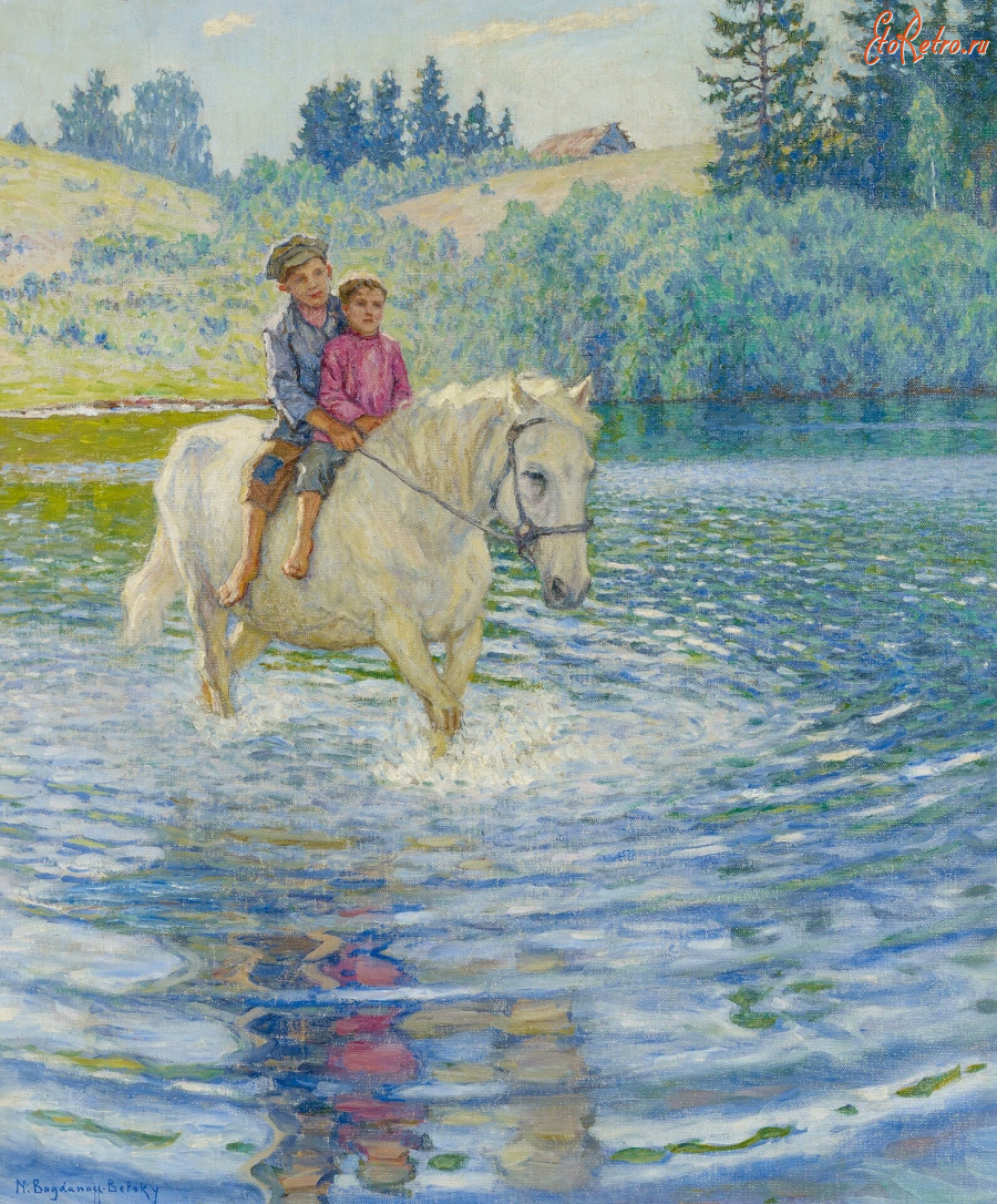 Картины - Николай Богданов-Бельский. Весенний пейзаж. Крестьянские дети верхом на лошади