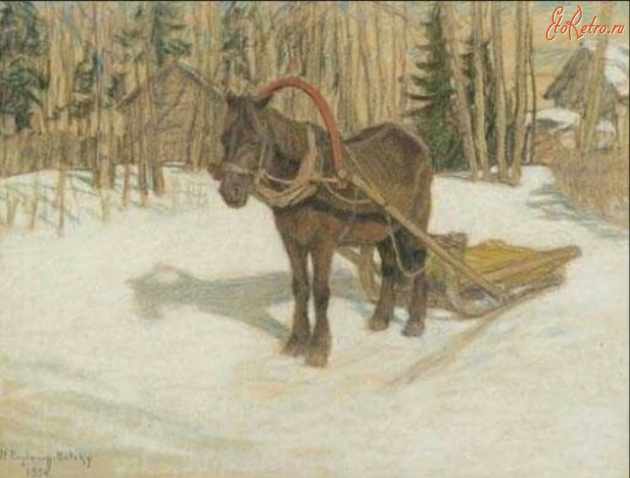 Картины - Николай Богданов-Бельский. Зимний пейзаж с лошадью