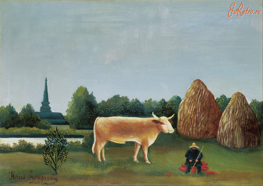 Картины - Анри Руссо. Пейзаж Пастбище с коровами и стога сена. Окрестности Парижа. Банье