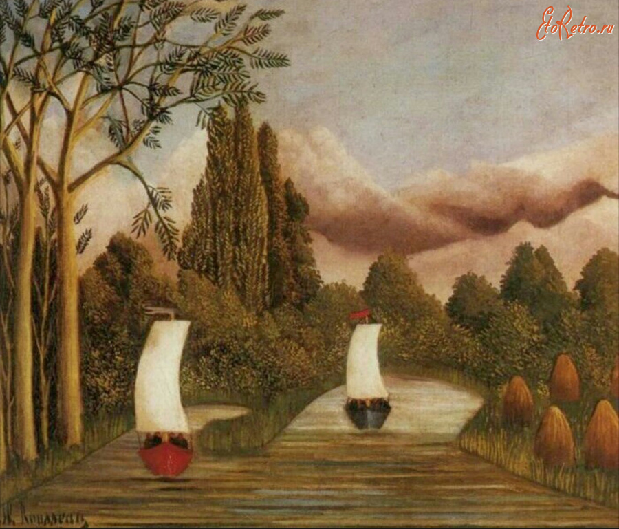 Картины - Анри Руссо. Берег Уазы. Речной пейзаж с парусными лодками, 1906