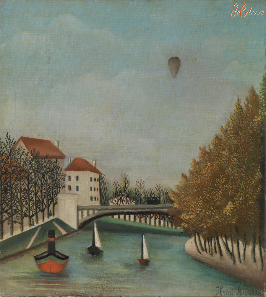 Картины - Анри Руссо. Вид на Севрский мост и воздушный шар в небе. Окрестности Парижа